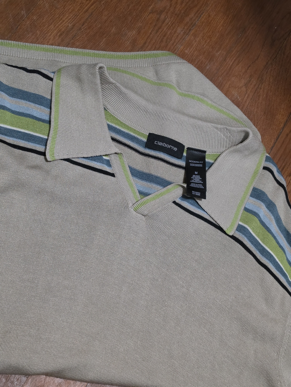 Claiborne Neutral Polo with Blue & Green Stripes